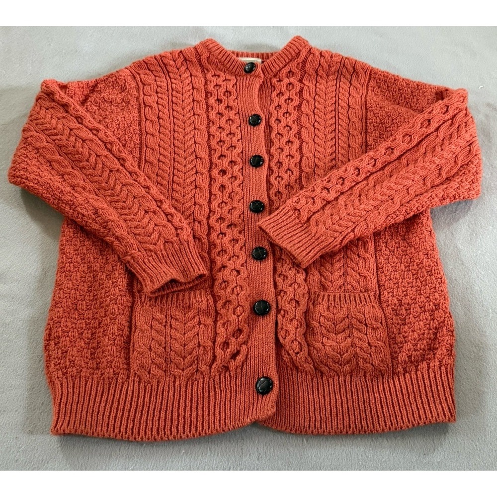 Shannon Woolen Mills Orange Merino Wool Aran Cable Knit Cardigan Fall Sweater XL